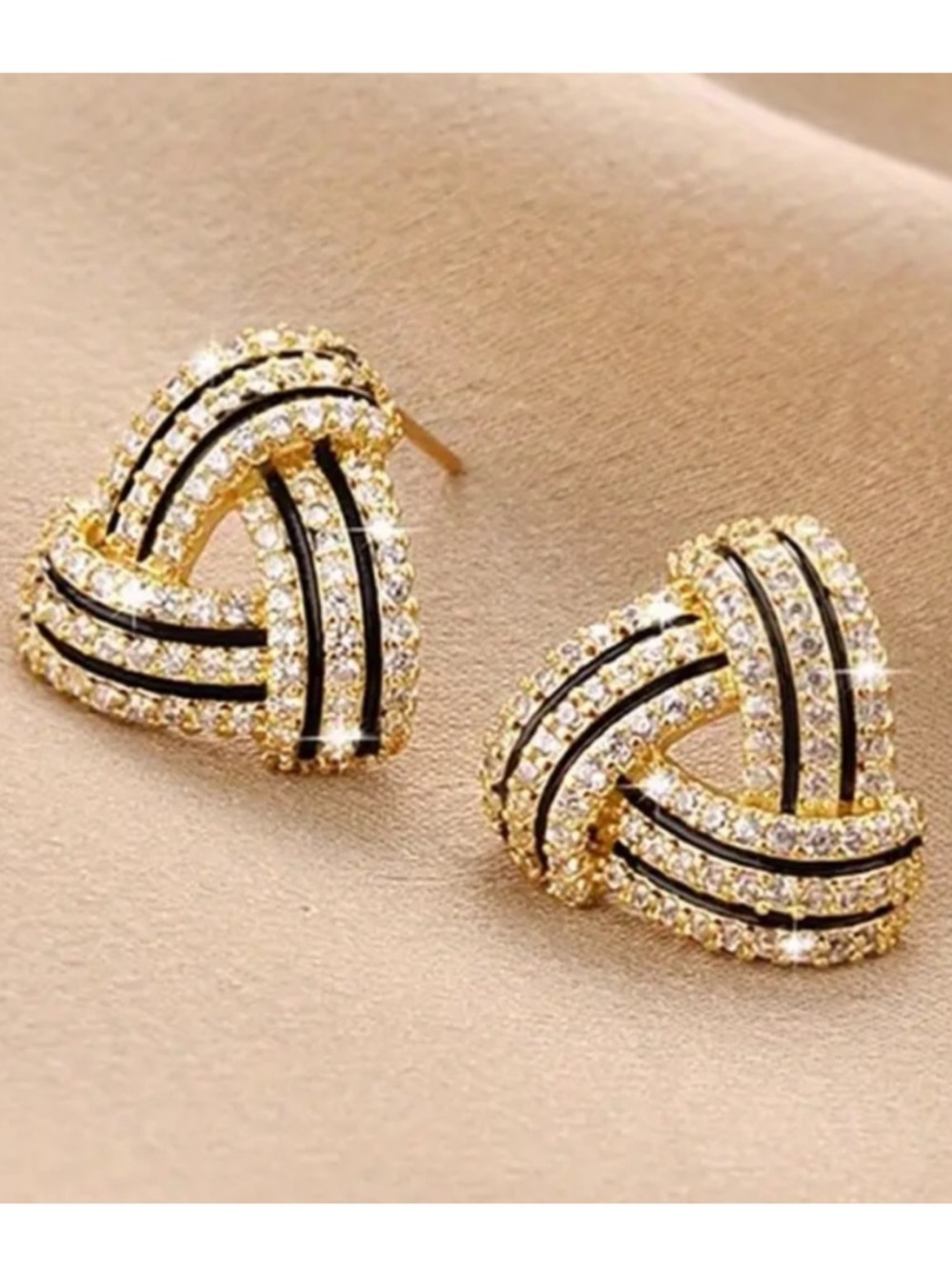 Gold and Black Knot Crystal Stud Earrings - Women Jewelry